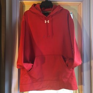 Red Under Armour hooded sweatshirt.